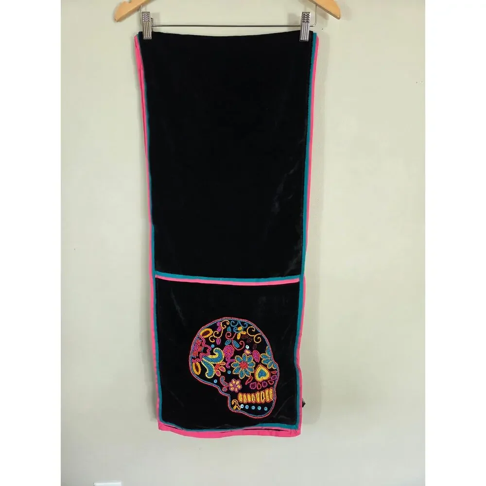 Spooky Night Beaded Skull Velvet Table Runner 14 X 73